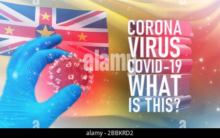 Coronavirus COVID-19, häufig gestellte Frage - was ist es Text, medizinisches Konzept mit Flagge von Niue. Pandemische 3D-Darstellung. Stockfoto