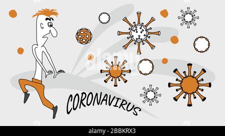 Ein Mann aus Angst flieht vor einem Coronavirus. Eine scherzende Karikatur. Cartoon. EPS-Datei. Stock Vektor