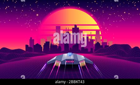 Arcade-Raumschiff Flying to the Sunset. Retro 80s Fashion Sci-Fi Hintergrundlandschaft. Digital Retro Stadtbild Sci-Fi Sommerlandschaft mit 3D-Bergen, Synthwave im Stil der 80er Jahre oder Illustration mit Mikrowelle. Stock Vektor