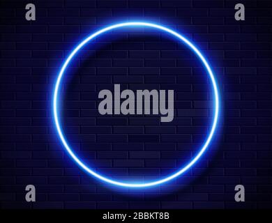 Neon-leuchtendes blaues Kreisbild für Banner auf dunklem, leerem Grunge Brick Hintergrund Stock Vektor