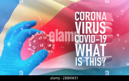 Coronavirus COVID-19, häufig gestellte Frage - was ist es Text, medizinisches Konzept mit Flagge der Seychellen. Pandemische 3D-Darstellung. Stockfoto