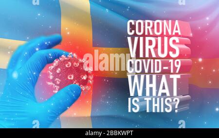 Coronavirus COVID-19, häufig gestellte Frage - was ist es Text, medizinisches Konzept mit Flagge Schwedens. Pandemische 3D-Darstellung. Stockfoto