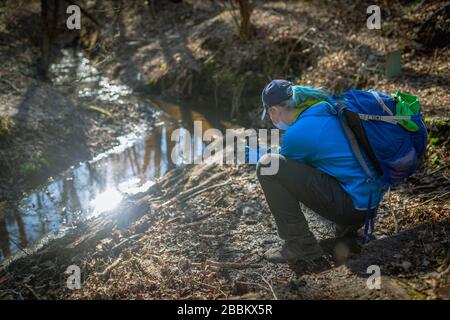 Frau schießt per Telefon einen Fluss in Wald Stockfoto