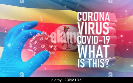 Coronavirus COVID-19, häufig gestellte Frage - was ist es Text, medizinisches Konzept mit Flagge von Uganda. Pandemische 3D-Darstellung. Stockfoto