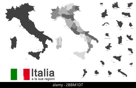 Silhouetten des europäischen Landes Italien und der Regionen Stock Vektor