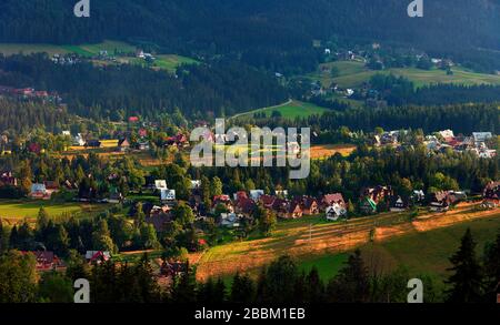 Panoramasicht auf einen Zakopane Bergort am Rande des Butorowy-Wierch-Hangs, von der Gubalowka Peak bei Zakopane in Polen aus gesehen Stockfoto