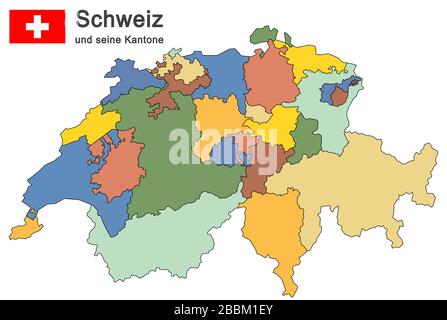 Farbige Silhouetten des Landes Schweiz und aller Kantonen Stock Vektor