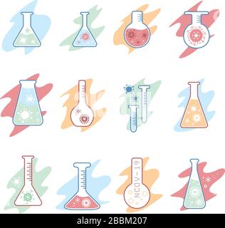 Virusimpfstoff Forschung Vektor Kolben Symbole gesetzt Stock Vektor