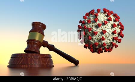 Gavel Law Hammer mit Coronavirus Covid-19 3D-Bild Stockfoto