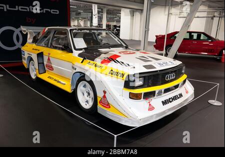 Ein 1985 im Audi S1 E2 Sport Quattro stattfindende Teil einer 40-jährigen Sonderausstellung zum Audi Quattro Jubiläum auf der London Classic Car Show 2020 Stockfoto