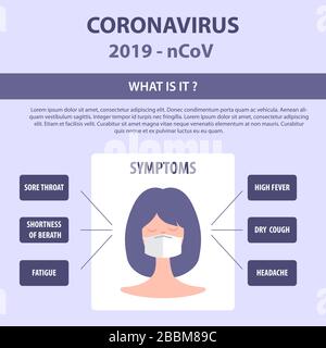 Infographische Elemente des neuen Coronavirus. Covid-19-Symptome. Vektor Stock Vektor
