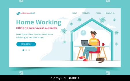 Home Office während Coronavirus Ausbruch Konzept, Mann arbeitet von zu Hause. Landing Page oder Banner-Vorlage. Vektorgrafiken in flacher Ausführung Stock Vektor