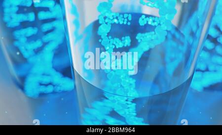 DNA-Molekül, seine Struktur. Konzept des menschlichen Genoms. DNA-Molekül mit modifizierten Genen. Konzeptionelle Abbildung eines dna-Moleküls innerhalb eines Glastests Stockfoto