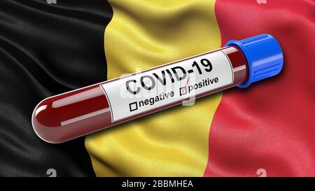 Flagge Belgiens winkt im Wind mit einem positiven Covid-19-Bluttestschlauch. 3D-Illustrationskonzept. Stockfoto