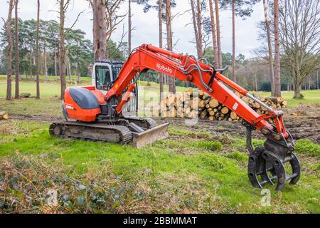 KUBOTA KX080-3 Mini-Digger, gummigeführter midi-Bagger, der für Baumfällung und Holzeinschlag verwendet wird, Surrey, Südostengland Stockfoto