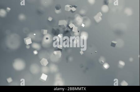 Abstraktes 3D-Rendering chaotischer Würfel. Fliegende Formen im leeren Raum. Dynamischer Hintergrund mit Bokeh, Schärfentiefe. Stockfoto