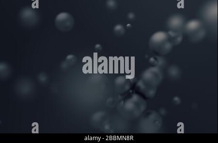 Abstraktes 3D-Rendering chaotischer Sphären. Fliegende Partikel im leeren Raum. Dynamische Form. Futuristischer Hintergrund mit Bokeh, Schärfentiefe. Stockfoto