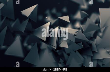 Abstraktes 3D-Rendering von chaotischen, niedrigen Poly-Formen. Fliegende polygonale Pyramiden im leeren Raum. Futuristischer Hintergrund mit Bokeh-Effekt. Posterdesign. Stockfoto