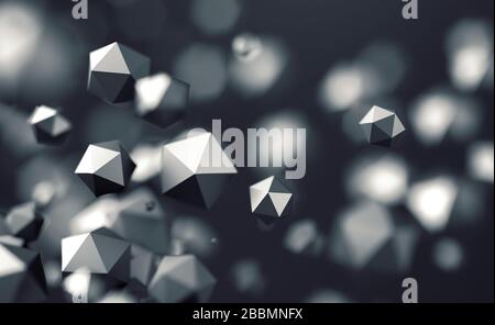 Abstraktes 3D-Rendering von chaotischen Partikeln mit niedrigem Poly. Fliegende polygonale Kugeln im leeren Raum. Futuristischer Hintergrund mit Bokeh-Effekt. Posterdesign. Stockfoto