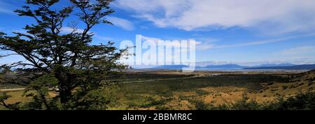 Blick auf Mirador Cerro Dorotea, Puerto Natales Stadt Patagonien, Chile, Südamerika eine leichte halbtägige Wanderung zu einem Felsvorsprung mit Blick auf Puerto Natal Stockfoto