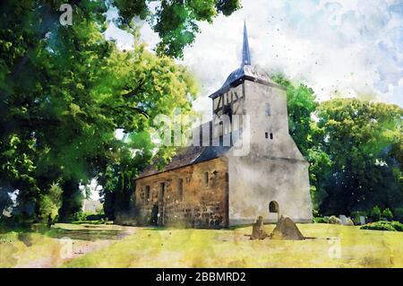 Aquarellgemälde der Fachwerkkirche im Dorf Stechow im Havelland Brandenburg Deutschland. Stockfoto