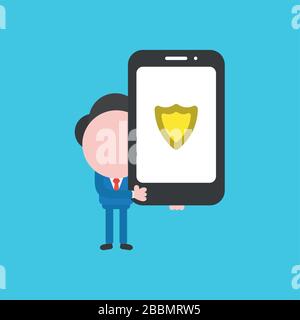 Vector Illustration Konzept von Businessman Character, das Smartphone mit Schutzschild hält. Blauer Hintergrund. Stock Vektor