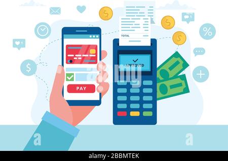 Mobile Zahlung mit POS-Terminal, Shopping-Konzept. Vektorgrafiken in flacher Ausführung Stock Vektor