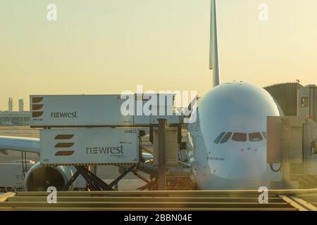 Madrid, Spanien - 11. Juli 2019: Passagierflugzeuge, die während der Bereitstellung am Flughafenfinger geparkt werden und bei Sonnenaufgang auf den Flugbetrieb warten. Stockfoto