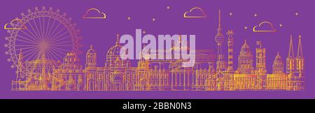 Horizontale Vektorlinie Kunstdarstellung von Wahrzeichen Berlins, Deutschland. Berliner Skyline Vektor-Illustration in oranger Gradientenfarbe isoliert auf Purpl Stock Vektor