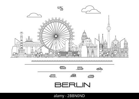 Vector Line Kunst-Illustration von Wahrzeichen Berlins, Deutschland. Monochrome Vektorgrafiken der Skyline von Berlin isoliert auf weißem Hintergrund. Vektorsymbol, Stock Vektor