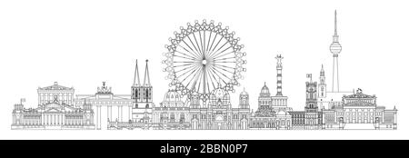 Horizontale Vektorlinie Kunstdarstellung von Wahrzeichen Berlins, Deutschland. Berliner Skyline Vektorgrafiken in schwarzer Farbe isoliert auf Weiß. Moskau V Stock Vektor