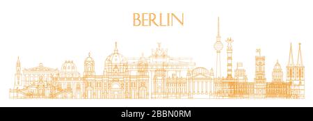 Panorama-Vektor-Linien-Kunst-Illustration von Wahrzeichen Berlins, Deutschland. Berliner Skyline Vektorgrafiken in orangefarbener Farbe isoliert auf Weiß. Moskau V Stock Vektor