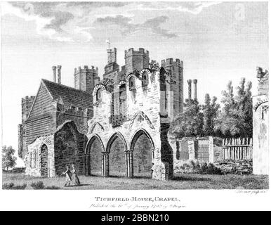 Eine Gravur der Titchfield House (Titchfield Abbey) Chapel 1783 gescannt in hoher Auflösung aus einem Buch, das um das Jahr 1786 veröffentlicht wurde. Ich glaube, dass das Urheberrecht frei ist. Stockfoto