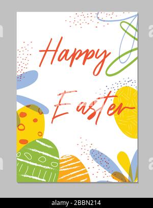 Trendige bunte Grußkarte "Happy Easter" mit Blumen, Eiern und bizarren Elementen.gut für Poster, Karte, Einladung, Flyer, Cover, Banner, Plakat, br Stock Vektor