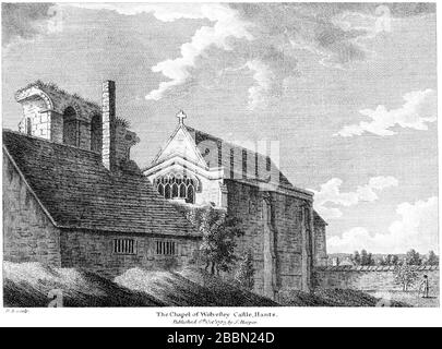 Gravur der Kapelle von Wolvesley Castle, Hants 1783 (Old Bishop's Palace Winchester) gescannt in hoher Auflösung aus einem Buch, das um das Jahr 1786 veröffentlicht wurde. Stockfoto