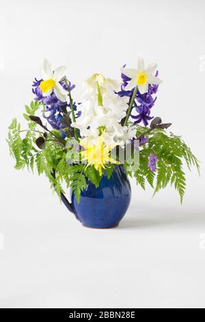 Frühlingsblumen in einer blauen Kanne. Hyazinths, Narzisse und Veilchen. Stockfoto