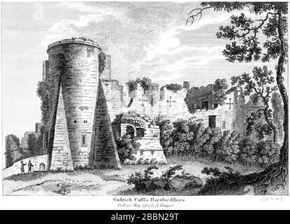 Eine Gravur von Godrich (Goodrich) Castle, Herefordshire, von einem Buch, das um das Jahr 1786 veröffentlicht wurde, in hoher Auflösung gescannt. Ich glaube, dass das Urheberrecht frei ist. Stockfoto