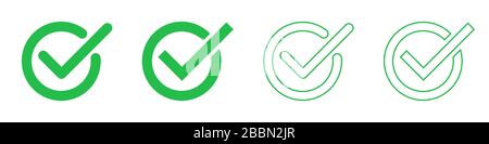 Satz von Häkchen in einem Kreis. Vektorgrafiken. Grüne Ticksymbole isoliert. Genehmigtes lineares Symbol. Stock Vektor