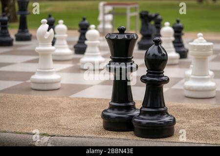 Großes Schach im Freien vor Ort. Schachspiel. Unterhaltung im Freien und Spiele. Stockfoto