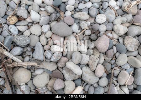 Felsen an einem Strand, der mit kleinen Teilen Treibholz übersät ist Stockfoto