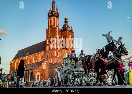 Pferde- und Kutschfahrten für Touristen vor der Marienbasilika auf dem Hauptplatz in Krakow, Polen. Juli 2017. Stockfoto