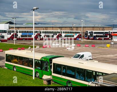 Edinburgh, Schottland, Großbritannien. April 2020. Covid-19 Lockdown: Mit der deutlichen Reduzierung der Busverbindungen während der Coronavirus Pandemie wird das Lothian Busdepot in Seafield mit einer großen Anzahl von Bussen, die in Linien geparkt sind, abgeschaltet Stockfoto