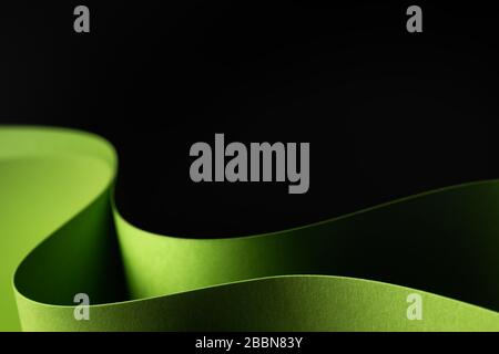 Zusammenfassung - Nahaufnahme von zwei Blättern mit gerolltem Grünpapier auf schwarzem Hintergrund. Einfaches, isoliertes Objekt mit Textbereich. Stockfoto