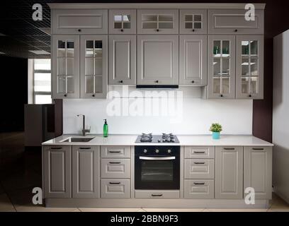 Innen weiße und graue Küche, horizontaler, linearer Grundriss. Luxuriöse, moderne Einbauküche mit Glaselementen Stockfoto