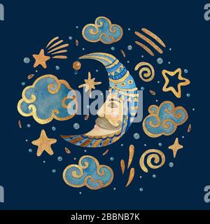 Aquarelldarstellung mit Mond, Sternen und Wolken. Goldenes Aquarell auf dunklem Hintergrund. Nachtabbildung für Kinder. Stockfoto