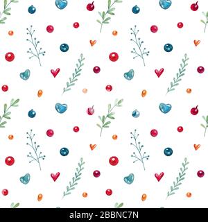 Aquarell nahtloses Muster mit Ästen, Herzen und Beeren. Heller handgezeichneter Hintergrund. Stockfoto