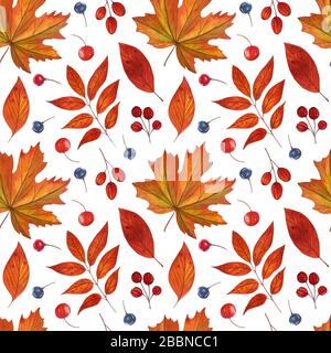 Aquarell nahtloses Muster mit Herbstlaub und Beeren auf weißem Hintergrund. Handgezeichneter Herbsthintergrund. Süßes Naturmuster mit Blättern. Stockfoto