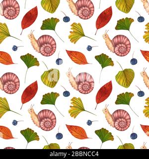 Aquarell nahtloses Muster mit bunten Blättern, Beeren und Schnecke auf dem weißen Hintergrund. Handgezeichneter Herbsthintergrund. Süßes Naturmuster. Stockfoto