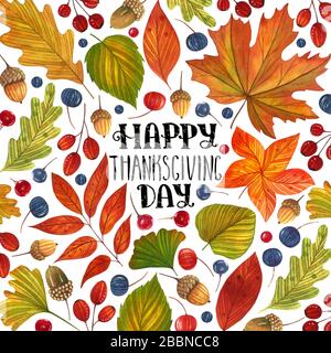 Farbkarte mit Farbblättern, Beeren und Akornen im Herbst auf weißem Hintergrund. Für Grußkarte und Einladung. Stockfoto