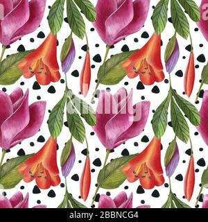 Nahtloses Wasserfarbenmuster mit Blumen und geometrischen Elementen. Ethnischer moderner Stil mit afrikanischen Motiven. Geeignet für Textil, Stoff, Umhüllung. Stockfoto